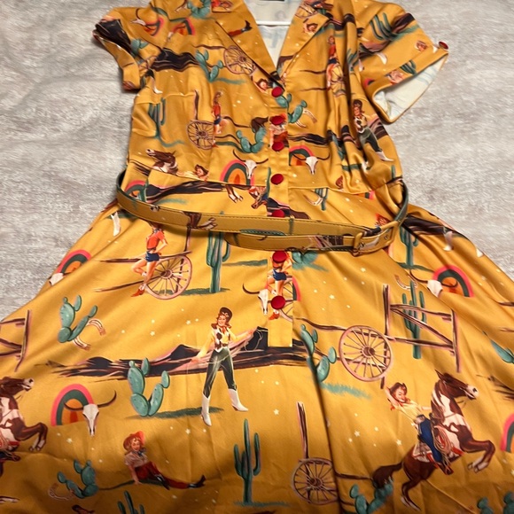 Voodoo Vixen Yellow Tropical Print Belted Dress - Picture 3 of 5